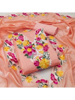 Zeepkart - Orange Chanderi Embroidered Unstitched Kurta with Bottom and Dupatta (Set of 3)