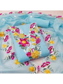 Zeepkart - Blue Chanderi Embroidered Unstitched Kurta with Bottom and Dupatta (Set of 3)