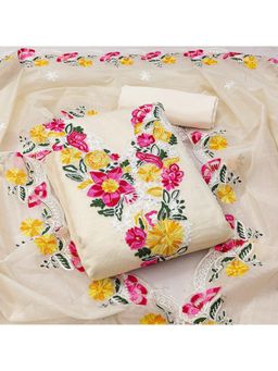 Zeepkart - White Chanderi Embroidered Unstitched Kurta with Bottom and Dupatta (Set of 3)