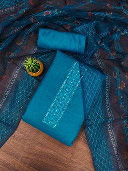 Zeepkart - Blue Cotton Embroidered Unstitched Kurta with Bottom and Dupatta (Set of 3)