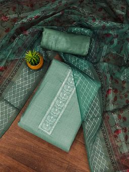 Zeepkart - Green Cotton Embroidered Unstitched Kurta with Bottom and Dupatta (Set of 3)