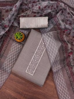 Zeepkart - Grey Cotton Embroidered Unstitched Kurta with Bottom and Dupatta (Set of 3)