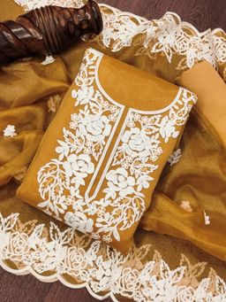 Zeepkart - Gold Organza Embroidered Unstitched Kurta with Bottom and Dupatta (Set of 3)