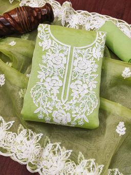 Zeepkart - Green Organza Embroidered Unstitched Kurta with Bottom and Dupatta (Set of 3)