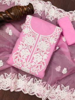 Zeepkart - Pink Organza Embroidered Unstitched Kurta with Bottom and Dupatta (Set of 3)