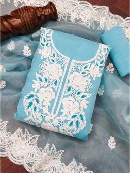 Zeepkart - Blue Organza Embroidered Unstitched Kurta with Bottom and Dupatta (Set of 3)