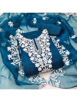 Zeepkart - Blue Organza Embroidered Unstitched Kurta with Bottom and Dupatta (Set of 3)