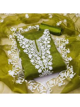 Zeepkart - Green Organza Embroidered Unstitched Kurta with Bottom and Dupatta (Set of 3)