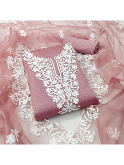 Zeepkart - Pink Organza Embroidered Unstitched Kurta with Bottom and Dupatta (Set of 3)