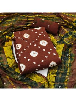 Zeepkart - Brown Cotton Tie and Dye Unstitched Kurta with Bottom and Dupatta (Set of 3)