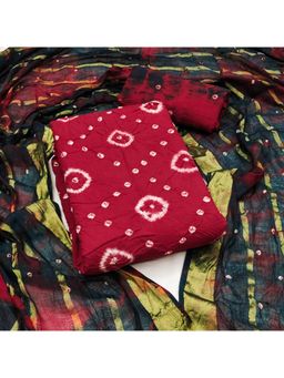 Zeepkart - Maroon Cotton Tie and Dye Unstitched Kurta with Bottom and Dupatta (Set of 3)