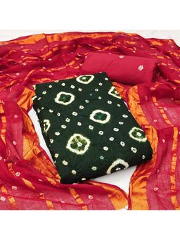 Zeepkart - Olive Cotton Tie and Dye Unstitched Kurta with Bottom and Dupatta (Set of 3)