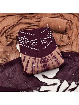 Zeepkart - Brown Cotton Tie and Dye Unstitched Kurta with Bottom and Dupatta (Set of 3)