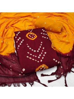 Zeepkart - Maroon Cotton Tie and Dye Unstitched Kurta with Bottom and Dupatta (Set of 3)