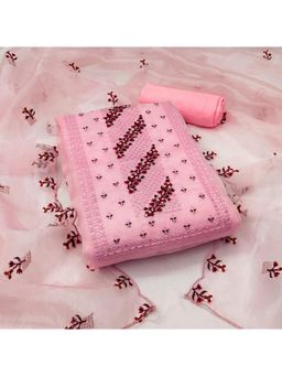 Zeepkart - Pink Organza Embroidered Unstitched Kurta with Bottom and Dupatta (Set of 3)