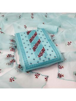 Zeepkart - Blue Organza Embroidered Unstitched Kurta with Bottom and Dupatta (Set of 3)