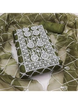 Zeepkart - Green Organza Embroidered Unstitched Kurta with Bottom and Dupatta (Set of 3)