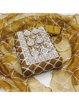 Zeepkart - Mustard Organza Embroidered Unstitched Kurta with Bottom and Dupatta (Set of 3)