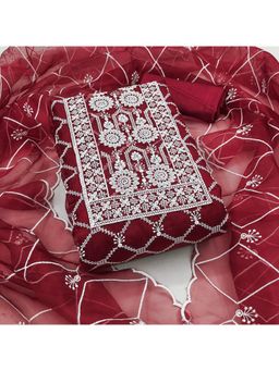 Zeepkart - Red Organza Embroidered Unstitched Kurta with Bottom and Dupatta (Set of 3)