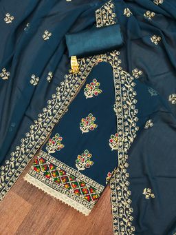 Zeepkart - Aqua Georgette Embroidered Unstitched Kurta with Bottom and Dupatta (Set of 3)