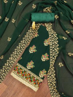 Zeepkart - Green Georgette Embroidered Unstitched Kurta with Bottom and Dupatta (Set of 3)