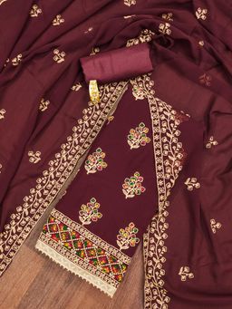 Zeepkart - Maroon Georgette Embroidered Unstitched Kurta with Bottom and Dupatta (Set of 3)