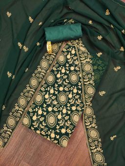 Zeepkart - Green Georgette Embroidered Unstitched Kurta with Bottom and Dupatta (Set of 3)