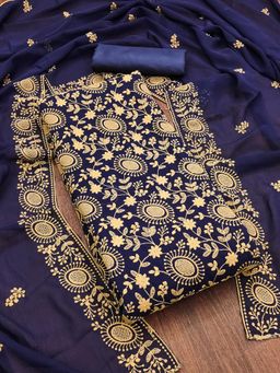 Zeepkart - Navy Blue Georgette Embroidered Unstitched Kurta with Bottom and Dupatta (Set of 3)