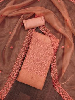 Zeepkart - Orange Organza Embroidered Unstitched Kurta with Bottom and Dupatta (Set of 3)