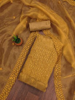 Zeepkart - Mustard Organza Embroidered Unstitched Kurta with Bottom and Dupatta (Set of 3)