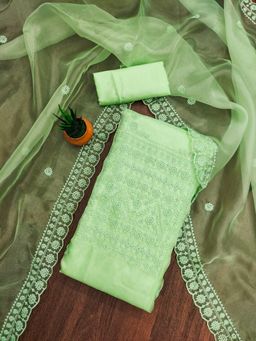 Zeepkart - Green Organza Embroidered Unstitched Kurta with Bottom and Dupatta (Set of 3)