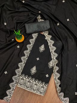 Zeepkart - Black Silk Embroidered Unstitched Kurta with Bottom and Dupatta (Set of 3)