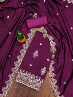 Zeepkart - Purple Silk Embroidered Unstitched Kurta with Bottom and Dupatta (Set of 3)