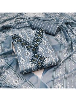 Zeepkart - Blue Cotton Embroidered Unstitched Kurta with Bottom and Dupatta (Set of 3)