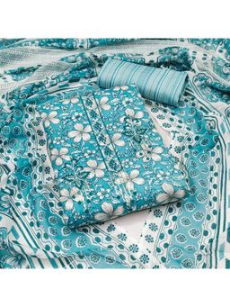 Zeepkart - Blue Cotton Floral Unstitched Kurta with Bottom and Dupatta (Set of 3)