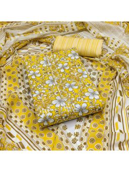 Zeepkart - Yellow Cotton Floral Unstitched Kurta with Bottom and Dupatta (Set of 3)