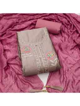 Zeepkart - Brown Cotton Embroidered Unstitched Kurta with Bottom and Dupatta (Set of 3)