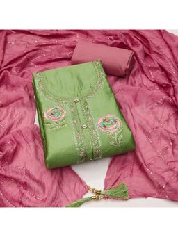 Zeepkart - Green Cotton Embroidered Unstitched Kurta with Bottom and Dupatta (Set of 3)