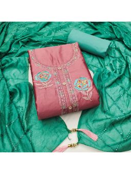 Zeepkart - Pink Cotton Embroidered Unstitched Kurta with Bottom and Dupatta (Set of 3)