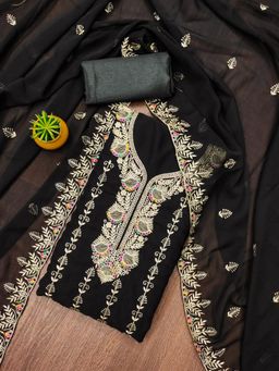 Zeepkart - Black Georgette Embroidered Unstitched Kurta with Bottom and Dupatta (Set of 3)