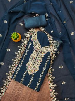 Zeepkart - Blue Georgette Embroidered Unstitched Kurta with Bottom and Dupatta (Set of 3)