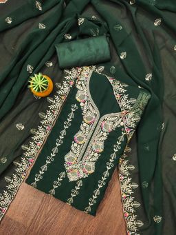Zeepkart - Green Georgette Embroidered Unstitched Kurta with Bottom and Dupatta (Set of 3)
