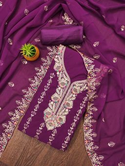 Zeepkart - Purple Georgette Embroidered Unstitched Kurta with Bottom and Dupatta (Set of 3)