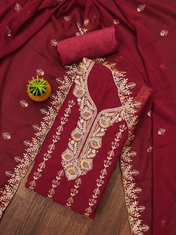 Zeepkart - Red Georgette Embroidered Unstitched Kurta with Bottom and Dupatta (Set of 3)