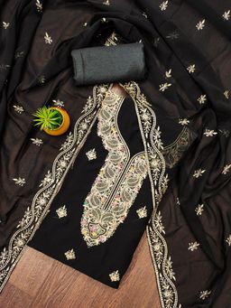 Zeepkart - Black Georgette Embroidered Unstitched Kurta with Bottom and Dupatta (Set of 3)