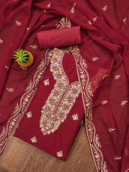 Zeepkart - Red Georgette Embroidered Unstitched Kurta with Bottom and Dupatta (Set of 3)