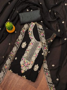 Zeepkart - Black Georgette Embroidered Unstitched Kurta with Bottom and Dupatta (Set of 3)