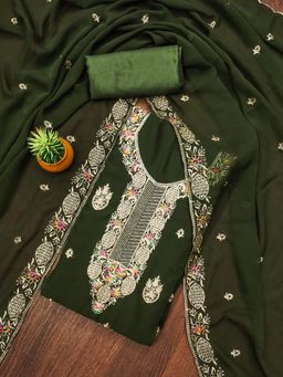 Zeepkart - Green Georgette Embroidered Unstitched Kurta with Bottom and Dupatta (Set of 3)