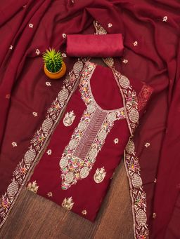 Zeepkart - Red Georgette Embroidered Unstitched Kurta with Bottom and Dupatta (Set of 3)