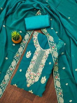 Zeepkart - Green Georgette Embroidered Unstitched Kurta with Bottom and Dupatta (Set of 3)